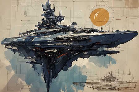 科幻战舰素材复古风格设计的星际战舰蓝图插画
