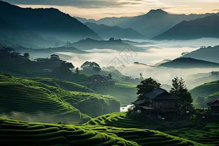 青翠晨雾笼罩的梯田背景