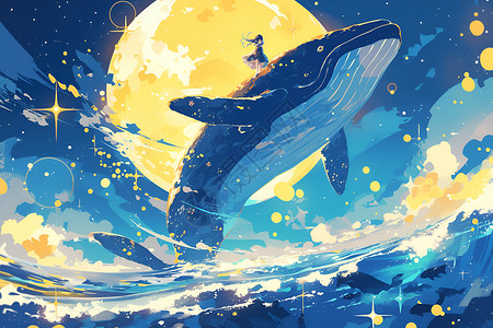 少女与巨鲸舞动的夜空高清图片