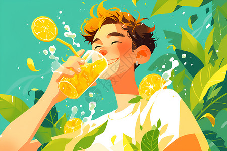 饮料与男孩清新夏日的男孩品尝柠檬水插画