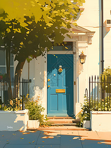 白色街道白色房子的蓝色大门插画