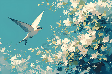 美丽的春天春日的飞鸟和花朵插画