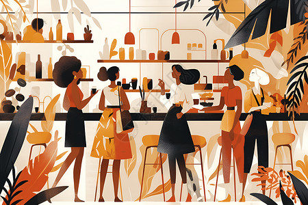 女士聚会站在咖啡吧台的女士插画