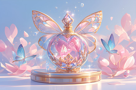 粉色瓶子水晶香水瓶的奇幻场景插画