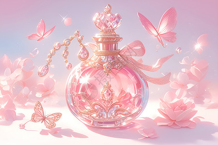 粉色瓶子粉色的蝴蝶和香水插画