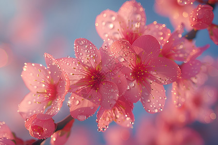 粉色桃花花瓣带有露珠的粉色花朵背景