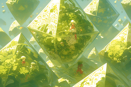 立体三角背景绿叶包裹的三角饭团插画
