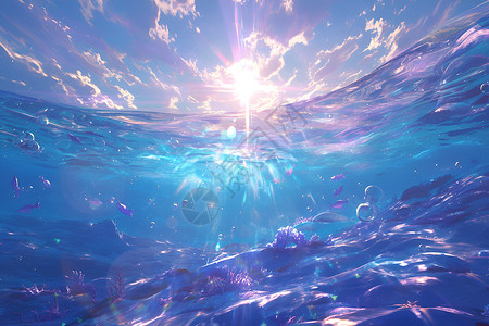 世界海洋日鱼群阳光穿透海水插画
