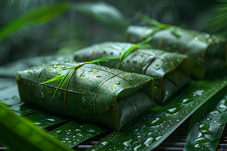 翠绿竹叶包裹的粽子背景图片