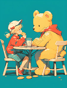 美女与熊浪漫分享饼干和牛奶的小孩插画