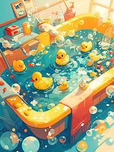 鸭戏水浴缸戏水玩具插画