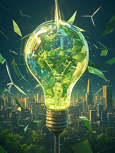 城市中的绿色能源灯泡背景图片