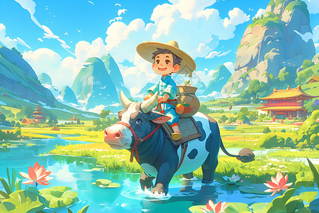 少年骑牛过溪畔背景图片