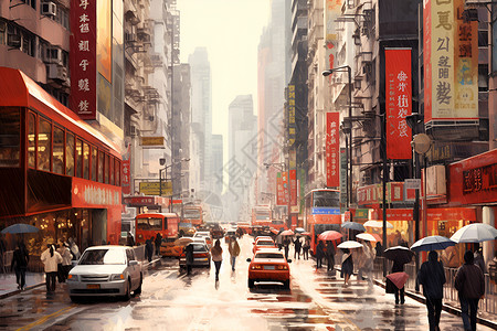 都市繁忙雨中的繁忙都市插画