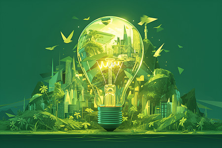 绿色节能灯泡图绿色能源点亮城市插画