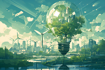 城市背景下的绿色能源的灯泡背景图片
