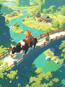 骑牛过桥闹新春背景图片