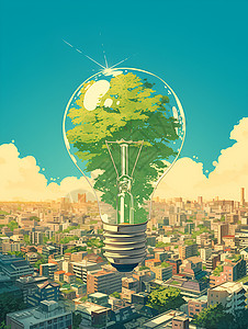 绿色灯泡启发都市社区环保意识背景图片