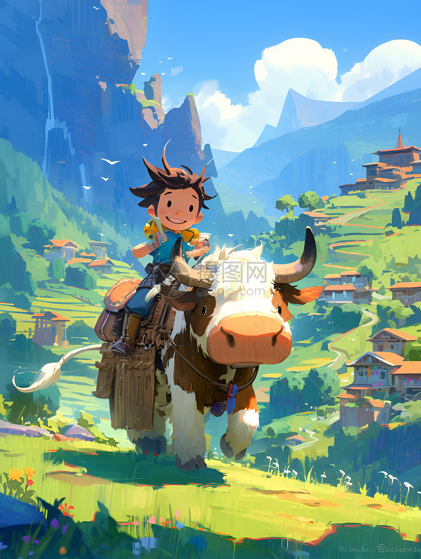 小男孩骑牛过山村图片