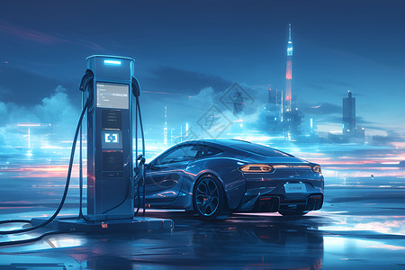 未来科技汽车未来电动车充电站插画