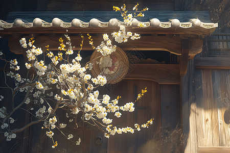 古建筑枝头盛开的梅花背景图片