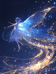 动漫云朵蓝发仙女在星尘中翩翩起舞插画