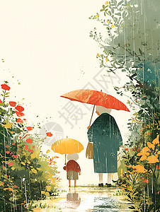 雨中行走的卡通人物背景图片