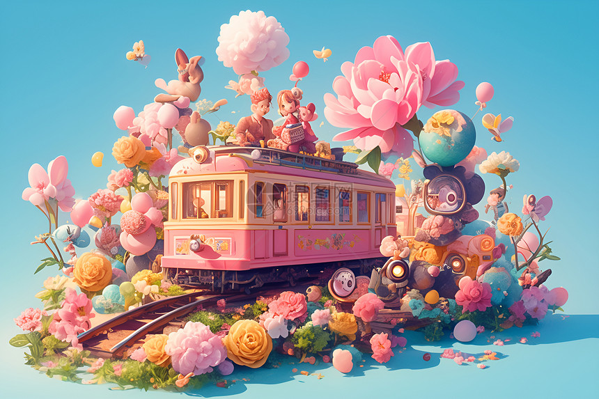 粉色火车穿梭在花朵中图片