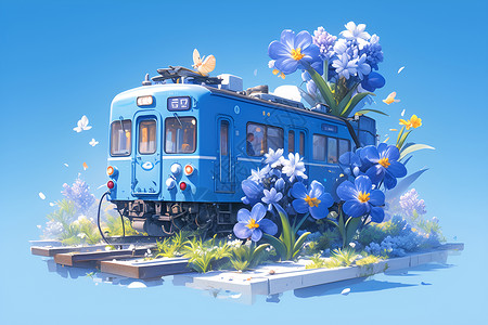 风信子花海蓝色火车与盛开的风信子插画