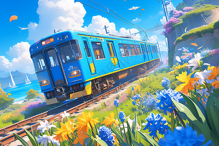 风信子花海蓝色火车穿越盛开的风信子插画