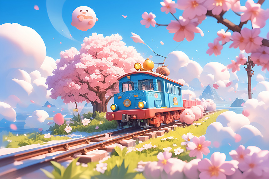 粉色火车的可爱插画图片