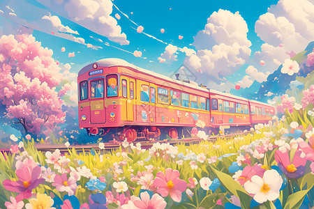春天色彩樱花盛开中的粉色火车插画