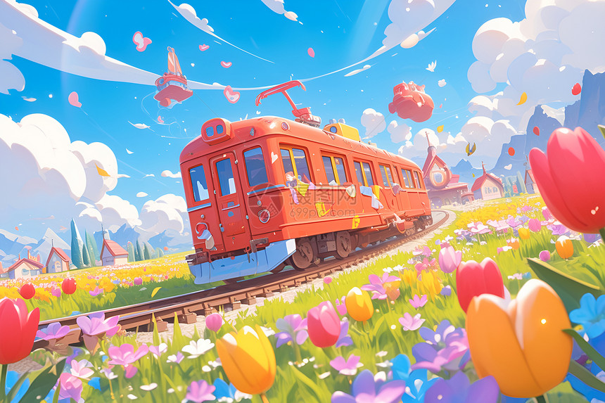 粉色小火车穿过美丽风景图片