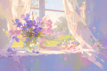 油画花瓶窗前瑰丽的花朵插画