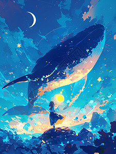 梦幻的女孩和鲸鱼背景图片