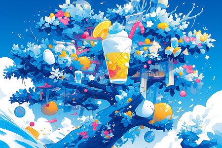果饮料果树上的饮料杯插画