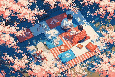 樱花下的快乐野餐背景图片
