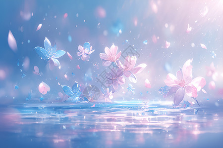 飞舞叶子掉落水中的花朵插画