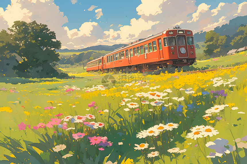 火车穿越花海的插画图片