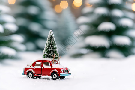 雪地骑马小红车和圣诞树设计图片