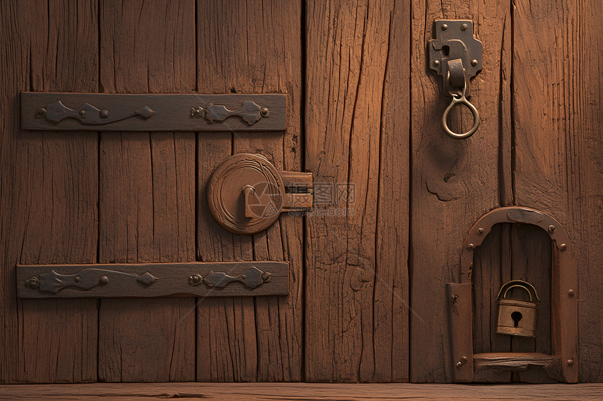 棕色的木门和古老的锁图片
