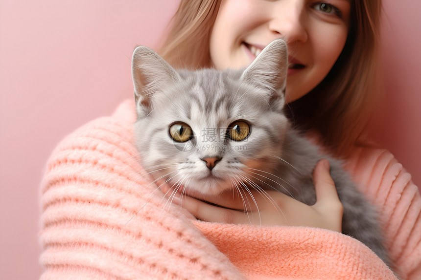 粉衣女孩抱着猫咪图片