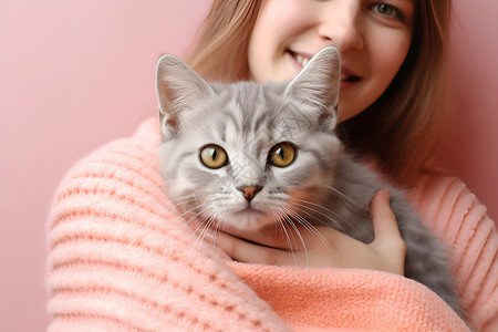 猫咪盯着你粉衣女孩抱着猫咪背景