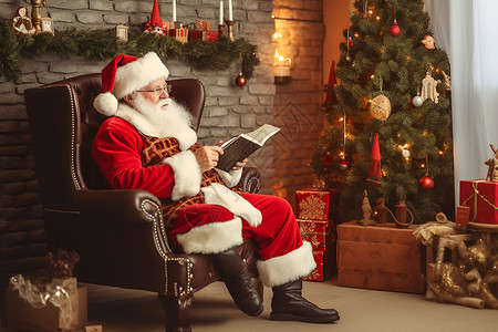 坐在沙发上看书的圣诞老人背景图片