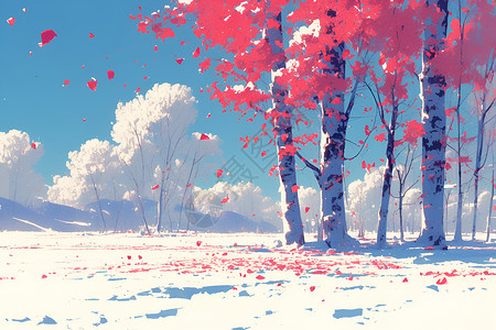 雪地上的红叶树高清图片