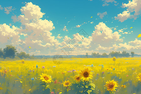 坡上草原草原上的黄色花朵插画