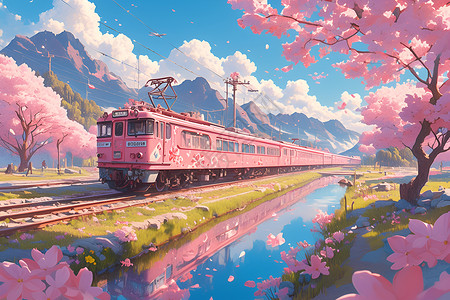 火车穿梭河边桃园背景图片