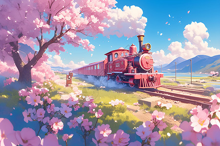 樱花中的粉红列车高清图片