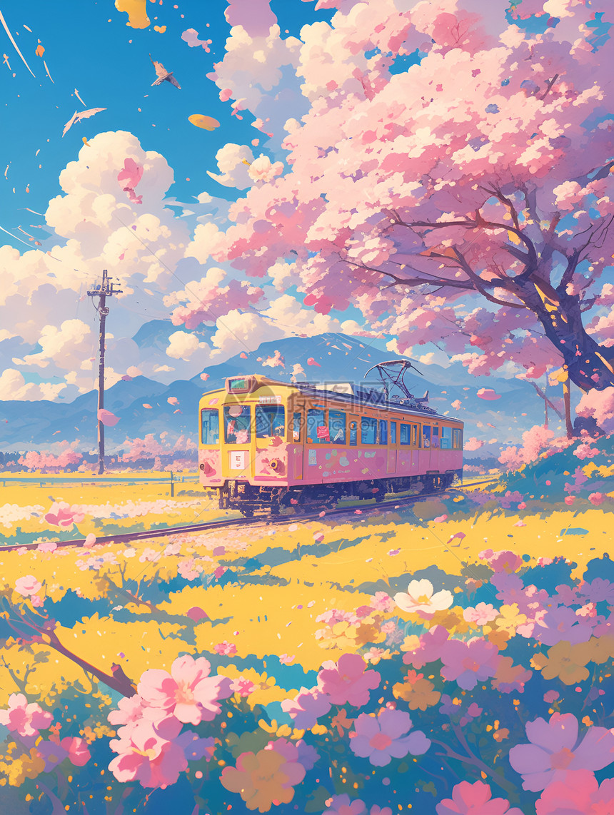 樱花中的粉色火车图片