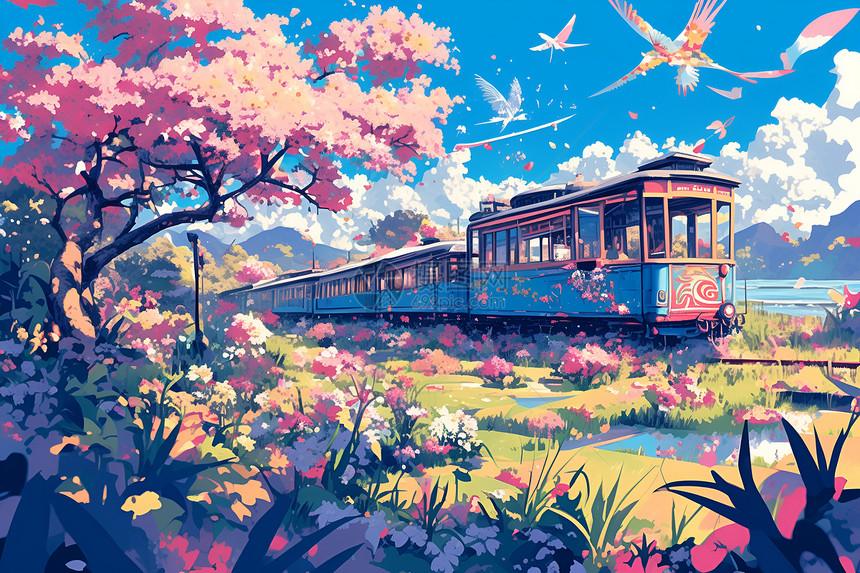 樱花盛开中的粉色列车图片